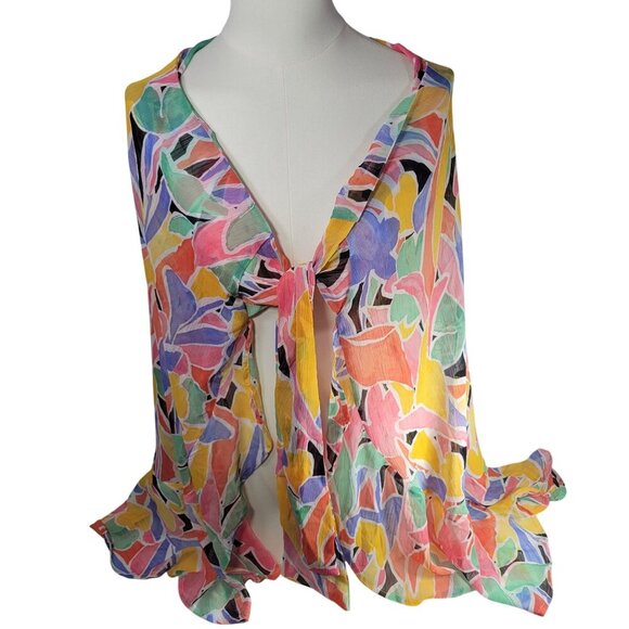Beyond Control Colorful Floral Chiffon Tie-Front Beach Resort Cover-Up Wrap S/M - Picture 1 of 8